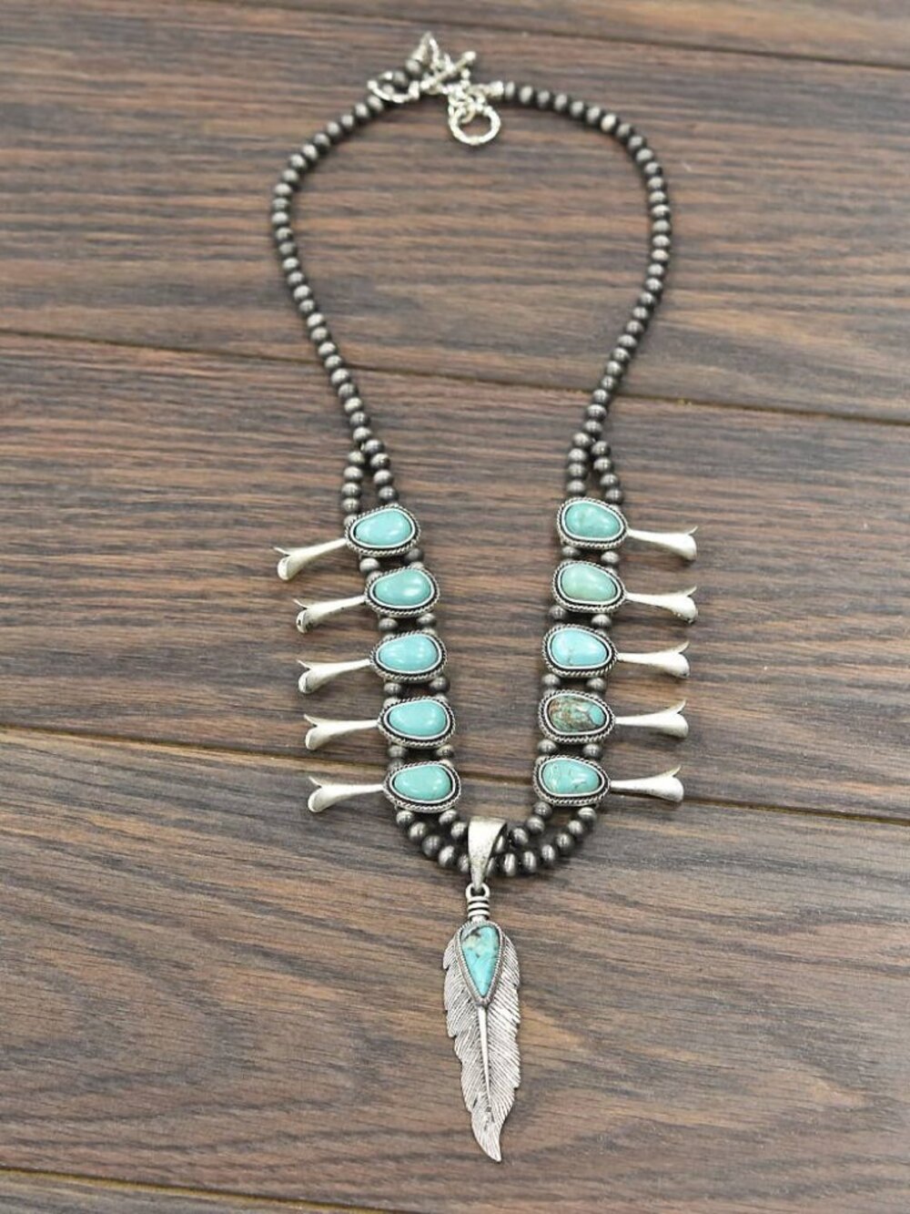 Western Squash Blossom Necklace Turquoise Feather Pendant Cowgirl Rodeo